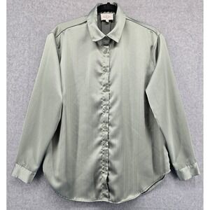 Bohme Satin Button Up Blouse Sz M Sage Silver Metallic Stripes Suit Office Layer